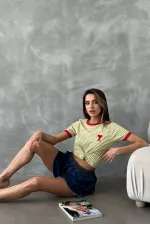 Topshow Fıstık Kırmızı Nakışlı Çizgili Toptan Tişört