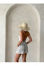 Paça Dantelli Çizgili Şort - Haki | Topshow