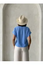 Blouse à lacets en gros - Bleue | Topshow