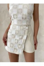 Lace Detailed Square Pattern Shorts Wholesale Skirt - Stone Cream | Topshow
