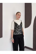 Penye Tunik Üstü Dantel Kısa Elbise - Krem | D3009 Topshow