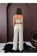 Topshow - Wholesale Sequined Wide Leg Women's Trousers - Stylish Night Outfit - Stone