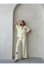 Çiçek Detaylı Pantolon - Sarı | Topshow