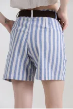 Topshow Mavi Çizgili Kemerli Keten Toptan Şort