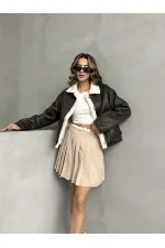 Manteau en nubuck à col en fourrure (vente en gros) - Crème anthracite | TOPSHOW | F1553