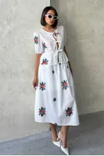 Nakışlı Vual Etek - Krem - D2879 | Topshow