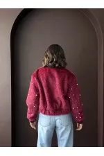 Topshow - Veste bomber en fausse fourrure (vente en gros) - Détails perles - Bordeaux