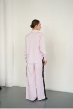 Lace Detail Striped Wholesale Trousers - Pink | F2083 - Topshow