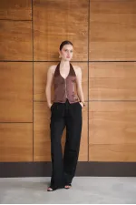 Satin Vest with Zipper - Coffee | D2952 - Topshow Satin Vest with Zipper - Coffee | D2952 - Topshow