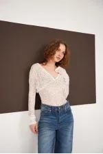 Blouse en dentelle à col V en gros - Blanche | F2093 - Topshow