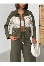 Veste-chemise femme en daim kaki avec détails en dentelle | Topshow | F1957