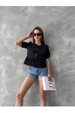 Topshow Siyah Önden Bağlamalı Poplin Toptan Bluz