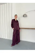 Yüksek Bel Bol Paça Saten Pantolon – Şık Ve Rahat Tasarım - Mürdüm | F2052