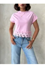 Guipure Detailed T-Shirt - Pink | topshow