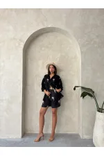 Kemer Detaylı Nakışlı Keten Şort - Siyah | Topshow