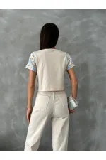 Topshow Raw Blue Short Sleeve Checkerboard Pattern Crochet Wholesale Blouse