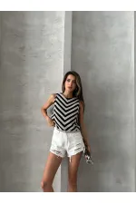 Topshow Raw Black Sleeveless Zebra Pattern Crochet Wholesale Blouse