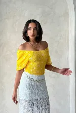 Blouse en mousseline à motifs détaillés jaunes Topshow Gipe, vente en gros