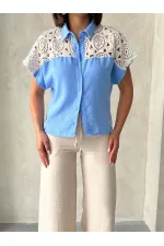 Blouse à lacets en gros - Bleue | Topshow