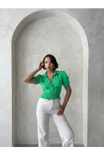 1 Fiyonklu Keten Toptan Gömlek - Zümrüt | Topshow