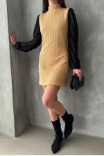 Leather Sleeve Turtleneck Knee-Length Wholesale Dress - Camel | TOPSHOW | F1143