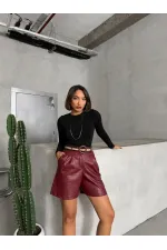 Kemerli Deri Toptan Şort - Bordo | TOPSHOW | F1497