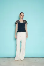 Boat Neck Blouse with Lace Detail on Shoulder - Navy Blue | D2994 - Topshow