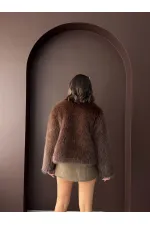 Topshow - Toptan Tavşan Tüyü Dügmeli Kaban - Koyu Kahve