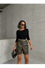 Kemerli Deri Toptan Şort - Haki | TOPSHOW | F1497