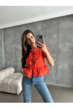 Topshow Orange Front Tie Poplin Wholesale Blouse
