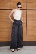 Polka Dot Satin Trousers with Lace Hem - Black | D2970 - Topshow
