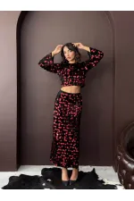 Topshow - Wholesale Sequined Velvet Skirt - Black Red