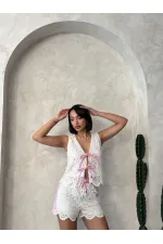 Denim Detailed Front Tie Lace Wholesale Vest Raw Pink | Topshow