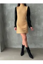 Leather Sleeve Turtleneck Knee-Length Wholesale Dress - Camel | TOPSHOW | F1143