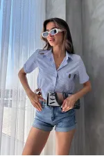 Topshow Blue Striped Belt Detailed Striped Wholesale Shirt