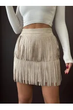 Topshow Tasseled Scuba Suede Wholesale Skirt - Stone | F2030