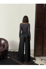 Yüksek Bel Bol Paça Saten Pantolon – Şık Ve Rahat Tasarım - Siyah | F2052