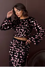 Topshow - Wholesale Sequined Velvet Blouse - Black Pink