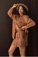 Topshow Tasseled Scuba Suede Skirt - Tan | F2030