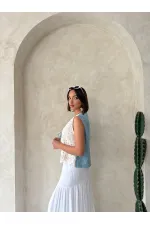 Kot Detaylı Önden Baglamalı Dantel Toptan Yelek   Ham Mavi | Topshow