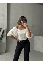 Gipeli Papatya Desenli Toptan Bluz - Krem | TOPSHOW | F0988