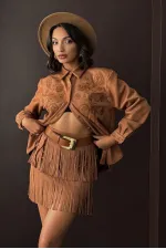 Topshow Tasseled Scuba Suede Skirt - Tan | F2030