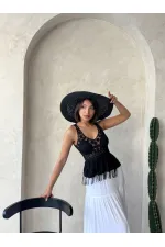 Güpür Detaylı Askılı Toptan Bluz   Siyah | Topshow