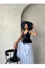 Güpür Detaylı Askılı Toptan Bluz   Siyah | Topshow