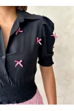 Kol Ucu Toptan Etek Gipeli Düğmeli Toptan Gömlek - Siyah | Topshow