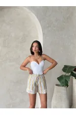 Paça Dantelli Çizgili Şort - Hardal | Topshow