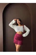 Topshow Tasseled Scuba Suede Skirt - Burgundy | F2030