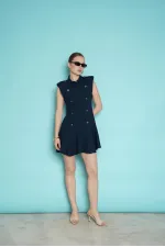 Sleeveless Mini Wholesale Dress with Shoulder Epaulets - Navy Blue | D2974 - Topshow