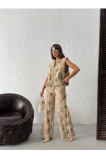 Topshow Embroidered Linen Zippered Wholesale Vest - Coffee | F2007