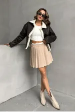 Manteau en nubuck à col en fourrure (vente en gros) - Crème anthracite | TOPSHOW | F1553